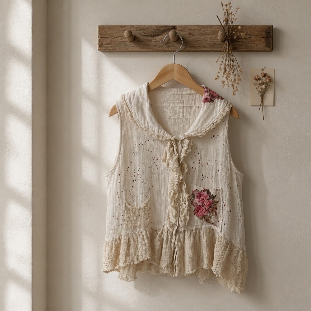 A Rare Bird Handmade Boho Ruffle Vest Cream Floral Heart Graphic Splatter NEW